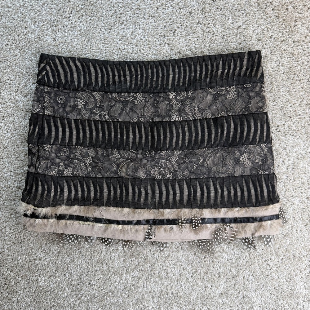 Bebe Skirt Womens 2 Black Lace Bandage Mini Feather Fringe Party Cocktail